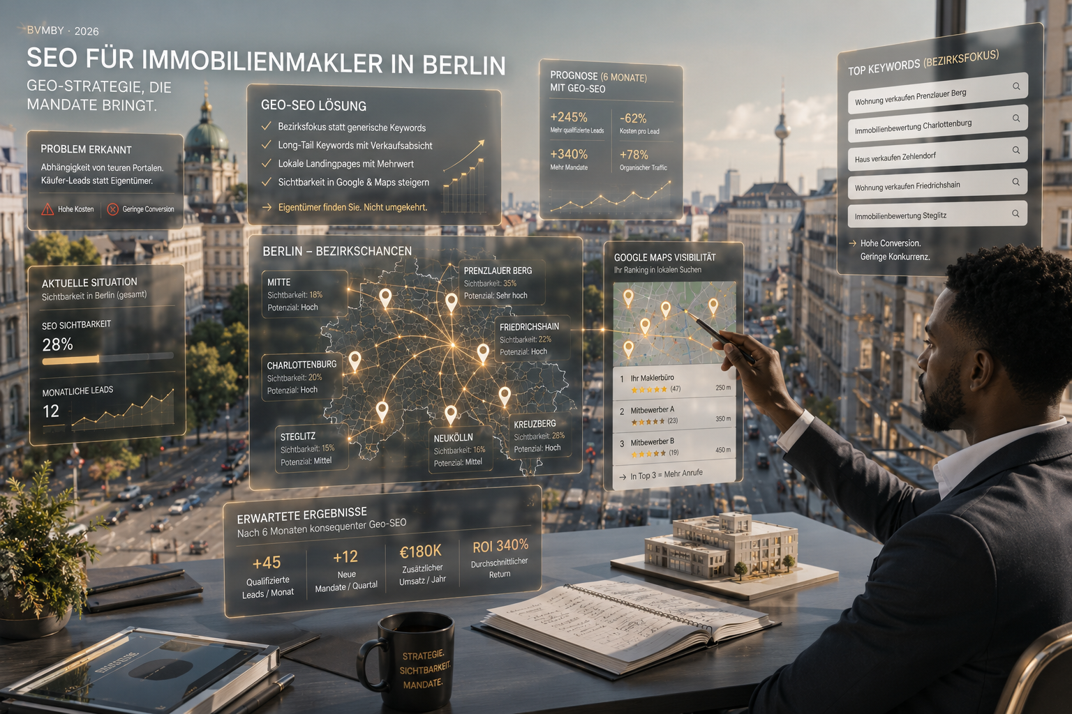 Immobilienmakler in Berlin mit GEO-SEO-Dashboard: Bezirkschancen, Top-Keywords, Google Maps Sichtbarkeit, ROI