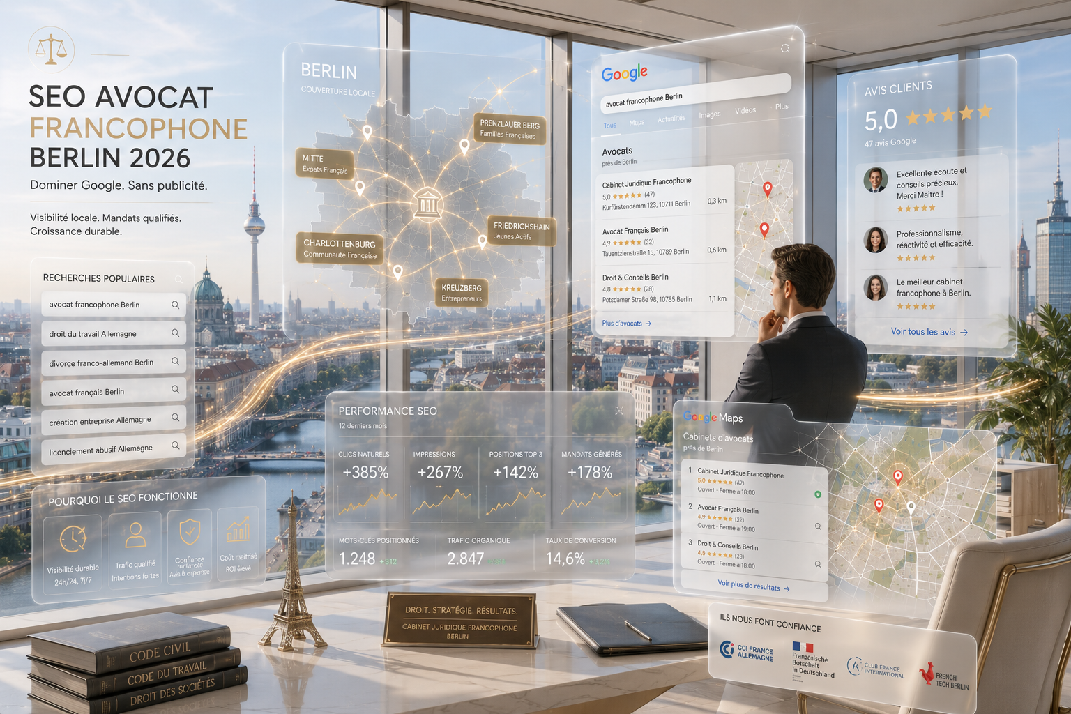 Cabinet d'avocat francophone à Berlin avec dashboards SEO : recherches Google, performance, avis clients