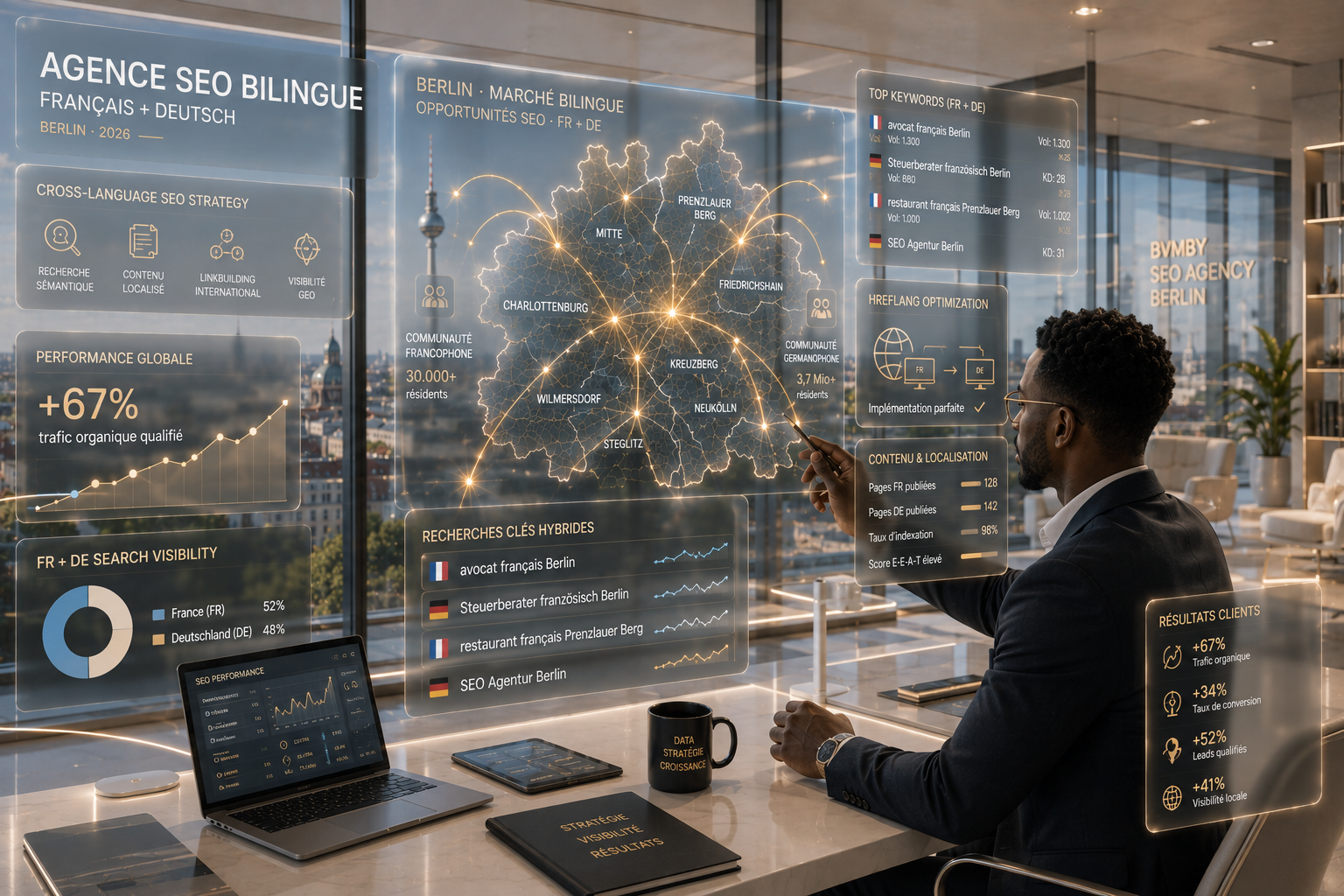 Bureau berlinois avec dashboards SEO bilingue FR/DE : recherches hybrides, performance +67 %, visibilité par langue, opportunités du marché bilingue