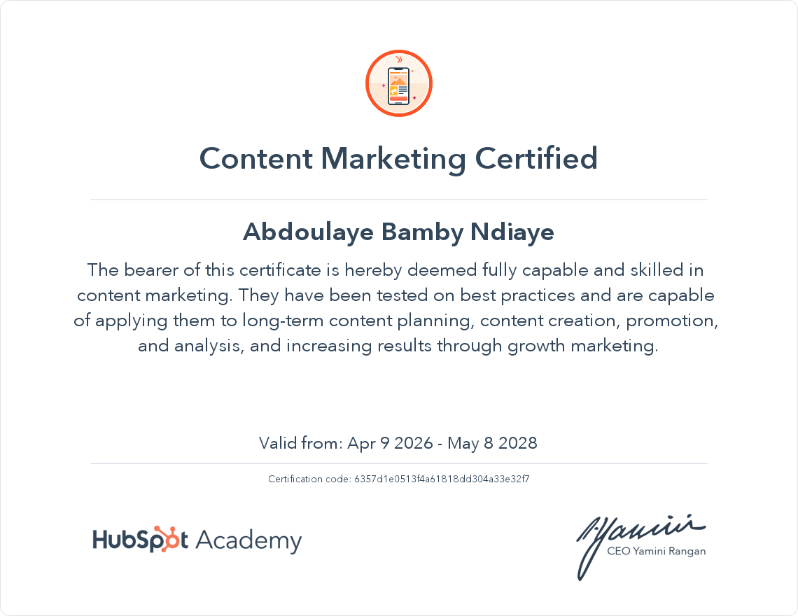 HubSpot Academy Content Marketing Certified · Abdoulaye Bamby Ndiaye