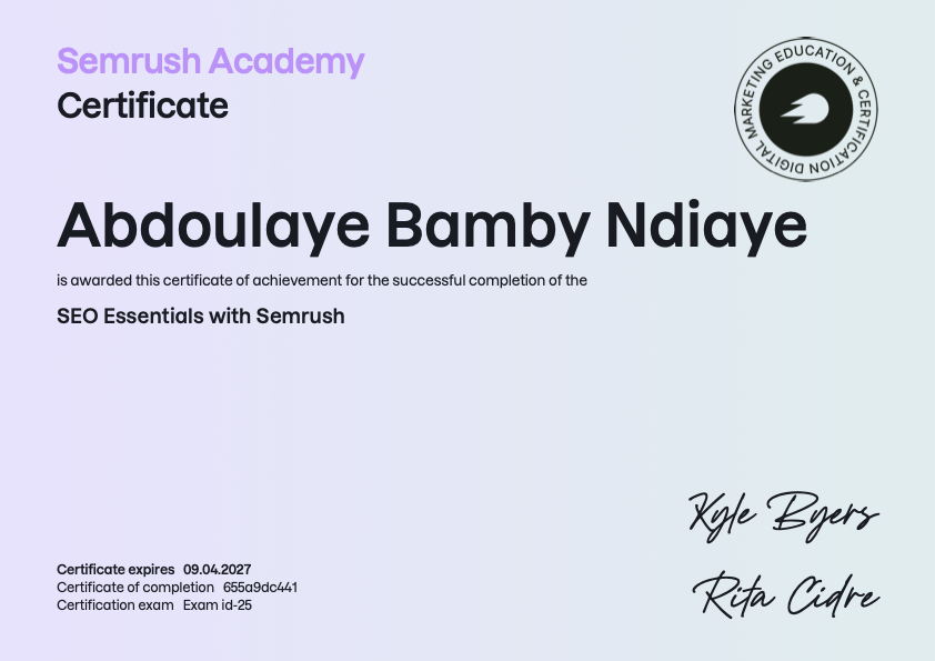 Semrush Academy SEO Essentials Certificate · Abdoulaye Bamby Ndiaye