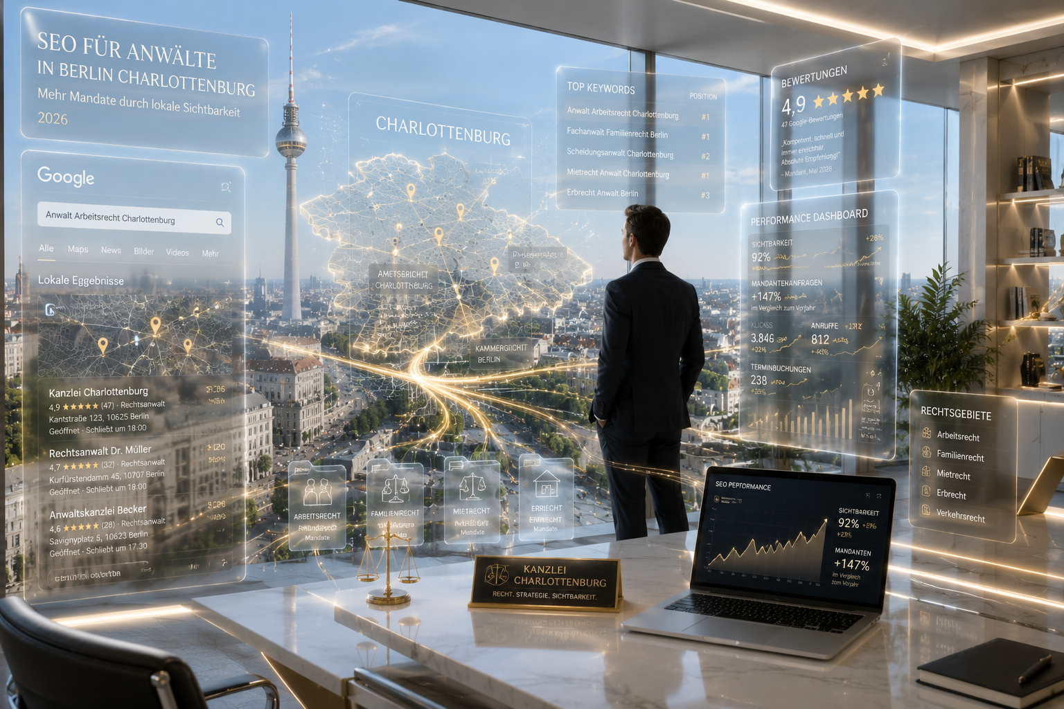 Kanzlei Charlottenburg mit Berlin-Skyline und SEO-Dashboards: Google-Ranking, Bewertungen, lokale Keywords