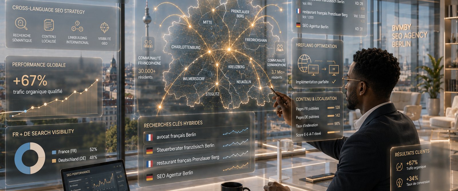 Bureau berlinois avec dashboards SEO bilingue FR/DE : recherches hybrides, performance +67 %, visibilité par langue, opportunités du marché bilingue