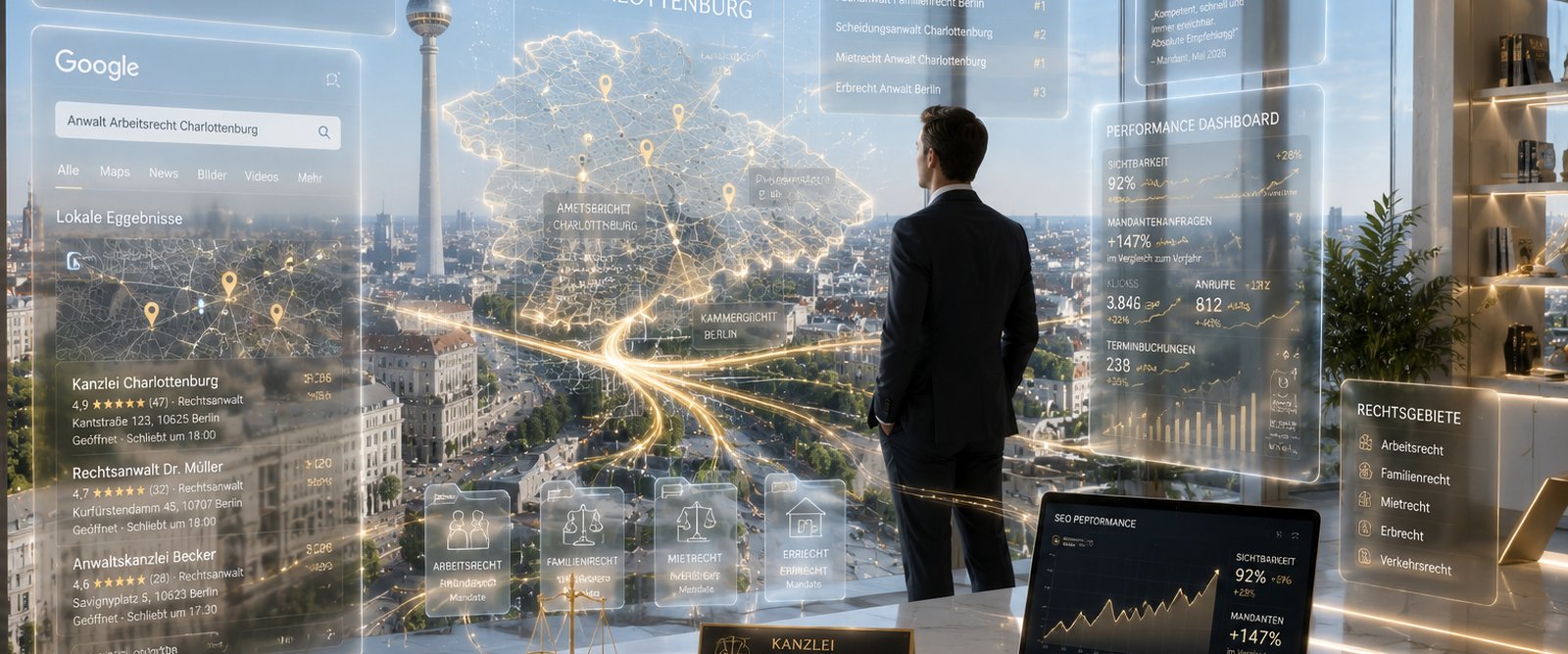 Kanzlei Charlottenburg mit Berlin-Skyline und SEO-Dashboards: Google-Ranking, Bewertungen, lokale Keywords