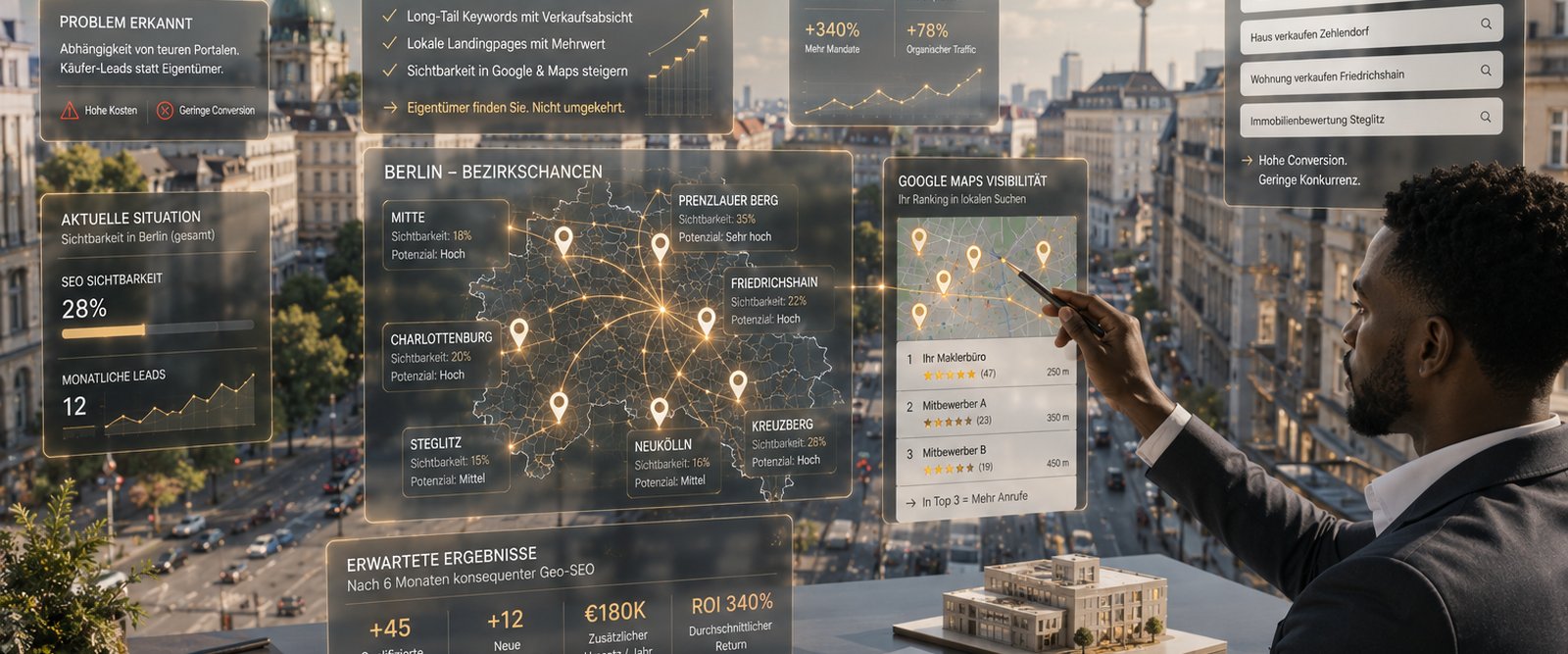 Immobilienmakler in Berlin mit GEO-SEO-Dashboard: Bezirkschancen, Top-Keywords, Google Maps Sichtbarkeit, ROI