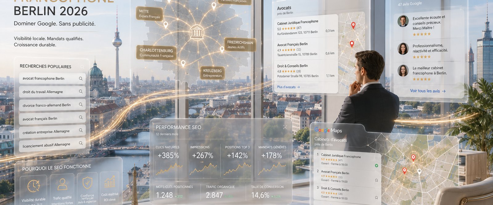 Cabinet d'avocat francophone à Berlin avec dashboards SEO : recherches Google, performance, avis clients