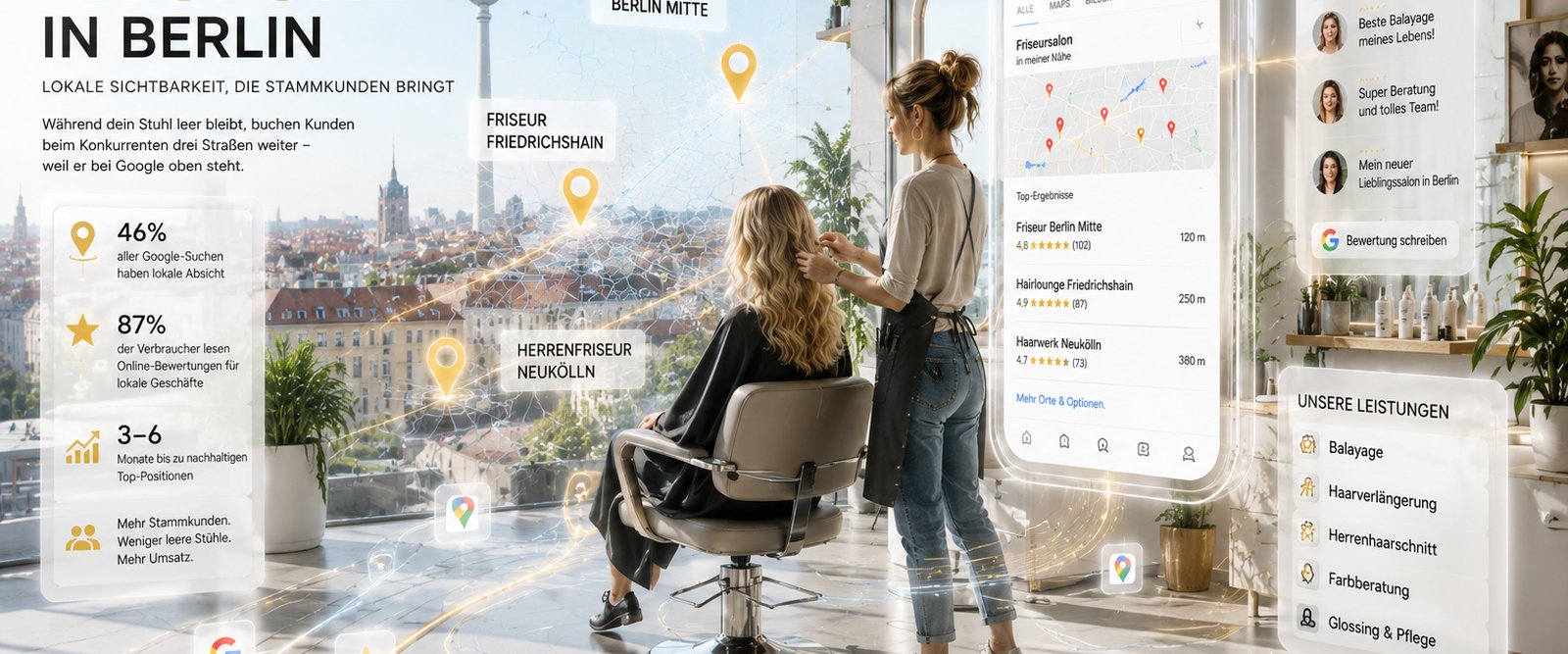 Friseursalon in Berlin mit lokalem SEO-Dashboard: Google-Ranking, Bewertungen, Bezirks-Keywords